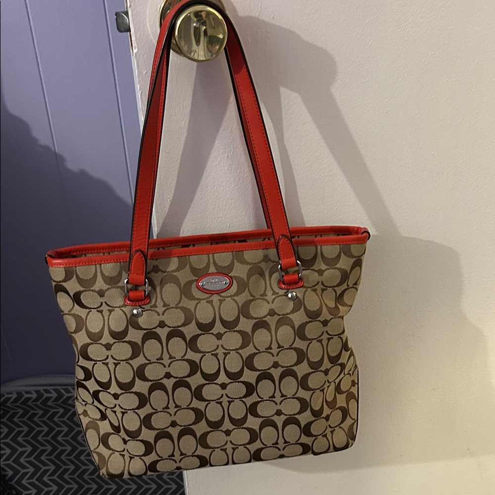 Coach Tan and Red Signature Shoulder Bag